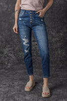 Blue Distressed Button Fly High Waist Skinny Jeans - ElectronX Plus