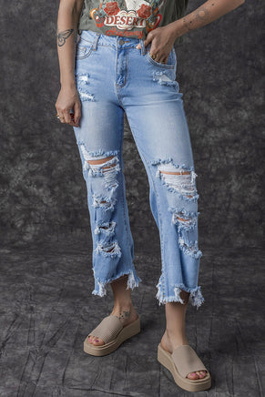 Sky Blue Heavy Destroyed High Waist Jeans - ElectronX Plus