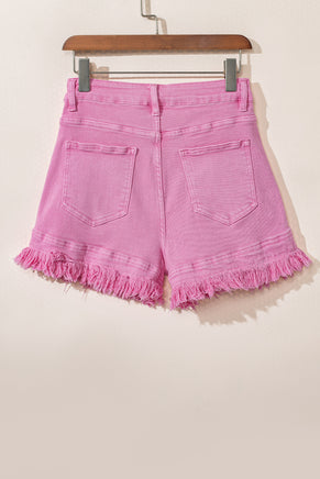 Pink Frayed Edge Mid Rise Denim Shorts - ElectronX Plus