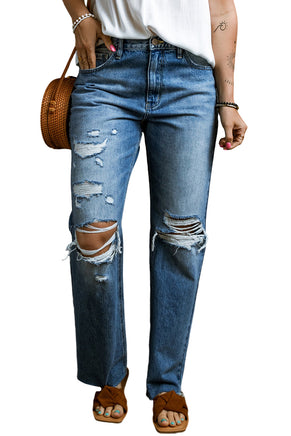 Light Blue Distressed Holes Raw Edge Straight Jeans - ElectronX Plus