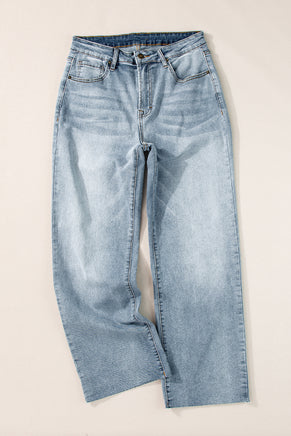 Light Blue Acid Wash Raw Edge Straight Jeans - ElectronX Plus