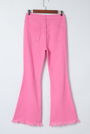 Pink Vintage High Waist Flare Leg Ripped Raw Hem Jeans - ElectronX Plus