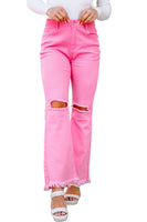 Pink Vintage High Waist Flare Leg Ripped Raw Hem Jeans - ElectronX Plus