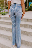 Sky Blue Vertical Striped Ripped Flare Jeans - ElectronX Plus