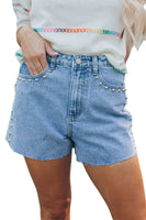 Sky Blue Stud Embellished High Waist Denim Shorts - ElectronX Plus