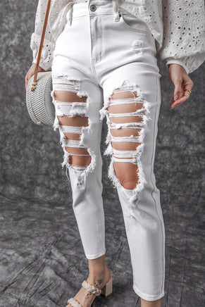 White Distressed Ripped Holes High Waist Skinny Jeans - ElectronX Plus