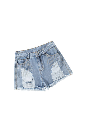 Sky Blue Rhinestone Tassel Distressed Denim Shorts - ElectronX Plus