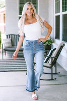 Sky Blue High Waist Buttoned Distressed Flared Jeans - ElectronX Plus