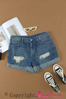 Distressed Ripped Rolled Hem Blue Denim Shorts - ElectronX Plus