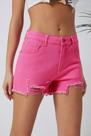 Rose Distressed Slim Fit High Waist Denim Shorts - ElectronX Plus