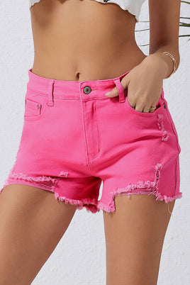 Rose Distressed Slim Fit High Waist Denim Shorts - ElectronX Plus