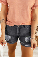 Distressed Ripped Rolled Hem Black Denim Shorts - ElectronX Plus