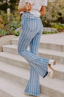 Sky Blue Vertical Striped Ripped Flare Jeans - ElectronX Plus