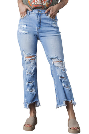 Sky Blue Heavy Destroyed High Waist Jeans - ElectronX Plus