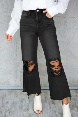 Black Distressed Hollow-out High Waist Cropped Flare Jeans - ElectronX Plus