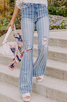 Sky Blue Vertical Striped Ripped Flare Jeans - ElectronX Plus