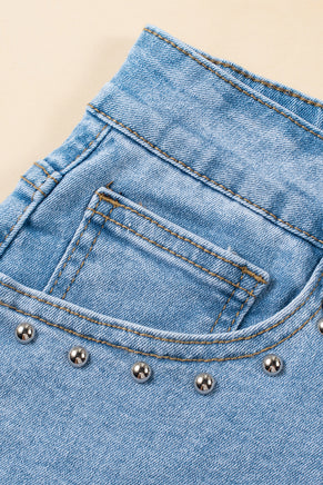 Sky Blue Stud Embellished High Waist Denim Shorts - ElectronX Plus