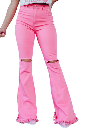 Pink Vintage High Waist Flare Leg Ripped Raw Hem Jeans - ElectronX Plus