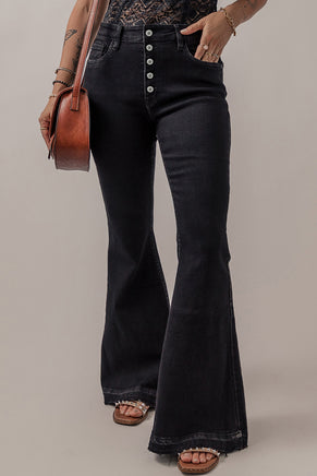 Black High Waist Button Front Flare Jeans - ElectronX Plus