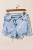 Light Blue Acid Wash Crossed Raw Edge Denim Shorts - ElectronX Plus