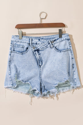 Light Blue Acid Wash Crossed Raw Edge Denim Shorts - ElectronX Plus