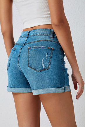 Sky Blue Dandelion Embroidered Ripped Denim Shorts - ElectronX Plus