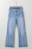 Light Blue Fly Button Exposed Seam Patched Pocket Flare Jeans - ElectronX Plus