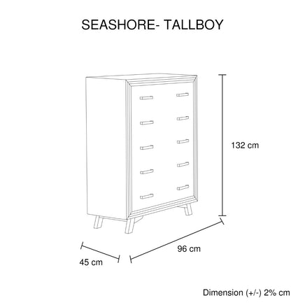 Tallboy with 5 Storage Drawers Solid Acacia Wooden Frame in Silver Brush Colour - ElectronX Plus